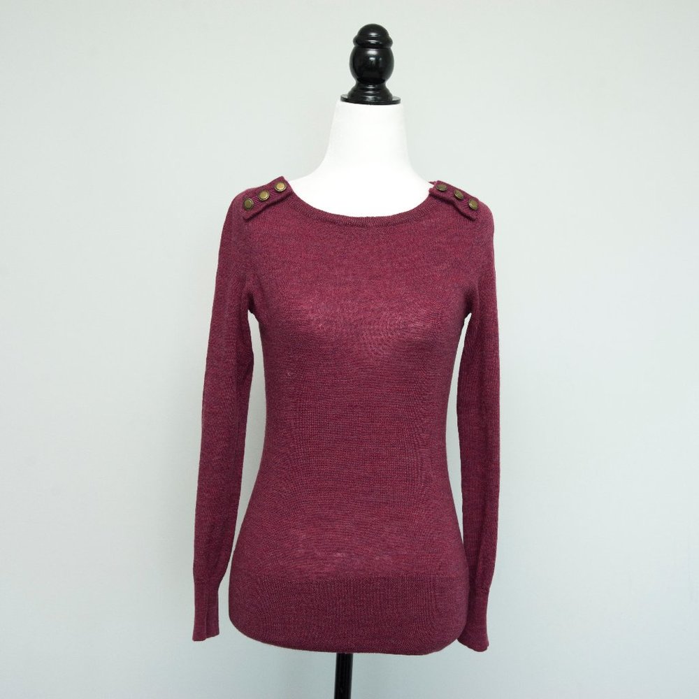 Anthropologie Plum Crewneck Sweater with Shoulder Buttons